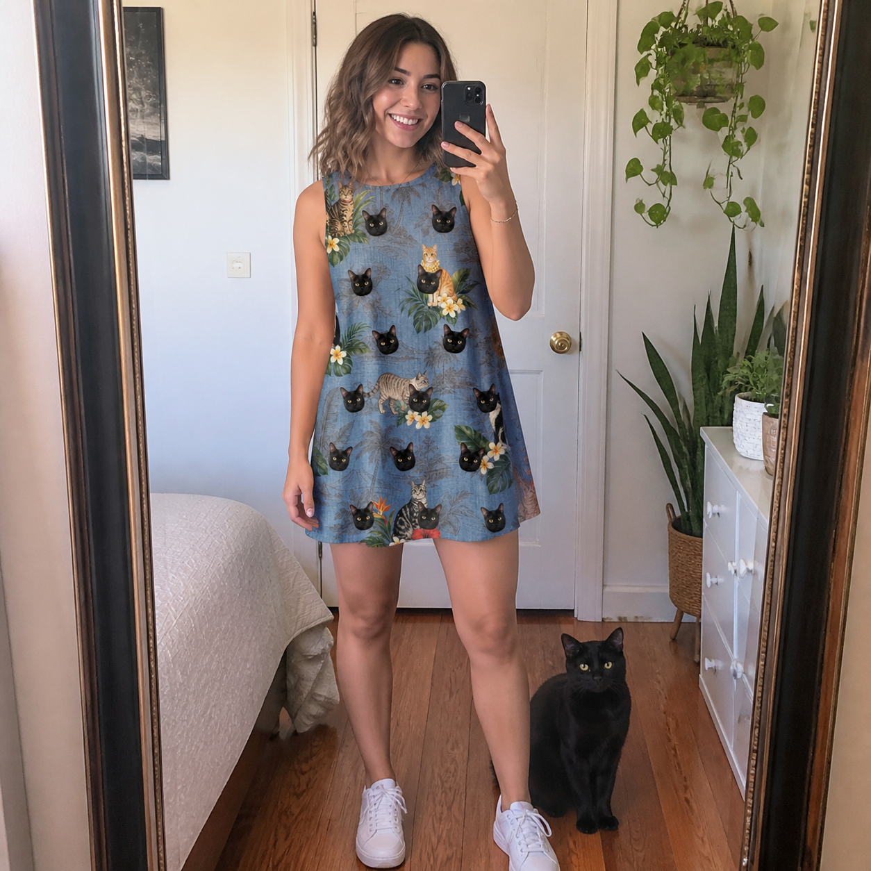 Full-length photo with the pet printed all over this Women's Kitten Kaboodle Custom Cat Face Tank Dress