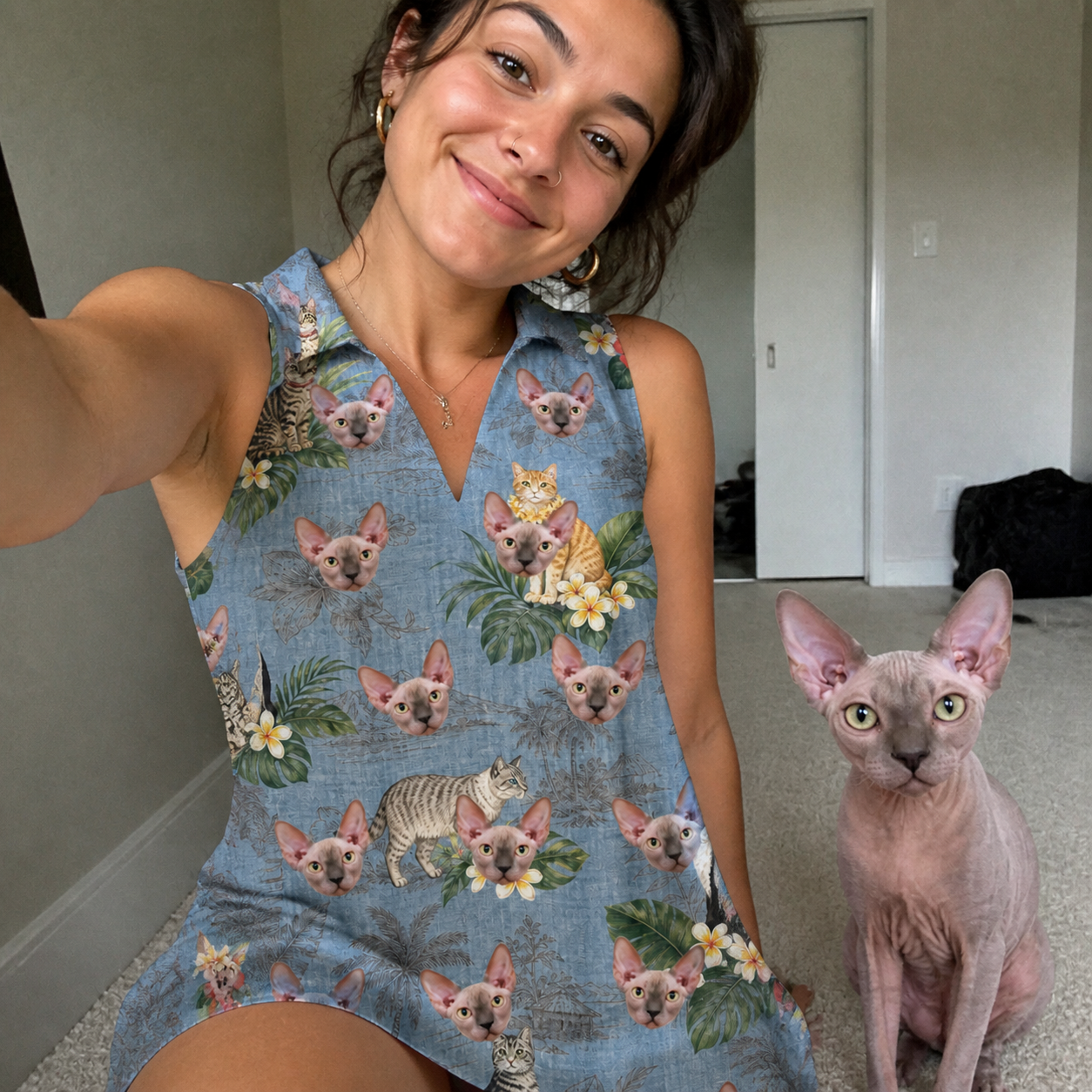 Selfie with the pet whose face is printed all over this Women's Kitten Kaboodle Custom Cat Face V-Neck Dress