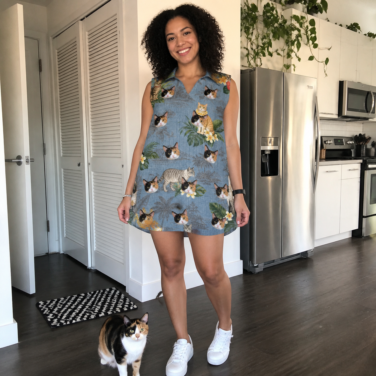Full-length photo with the pet printed all over this Women's Kitten Kaboodle Custom Cat Face V-Neck Dress