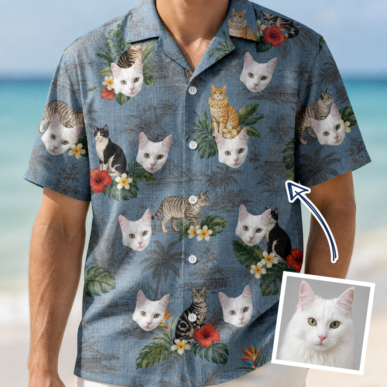 Man wearing Men's Kitten Kaboodle Custom Cat Face Hawaiian Shirt — custom faces printed all-over