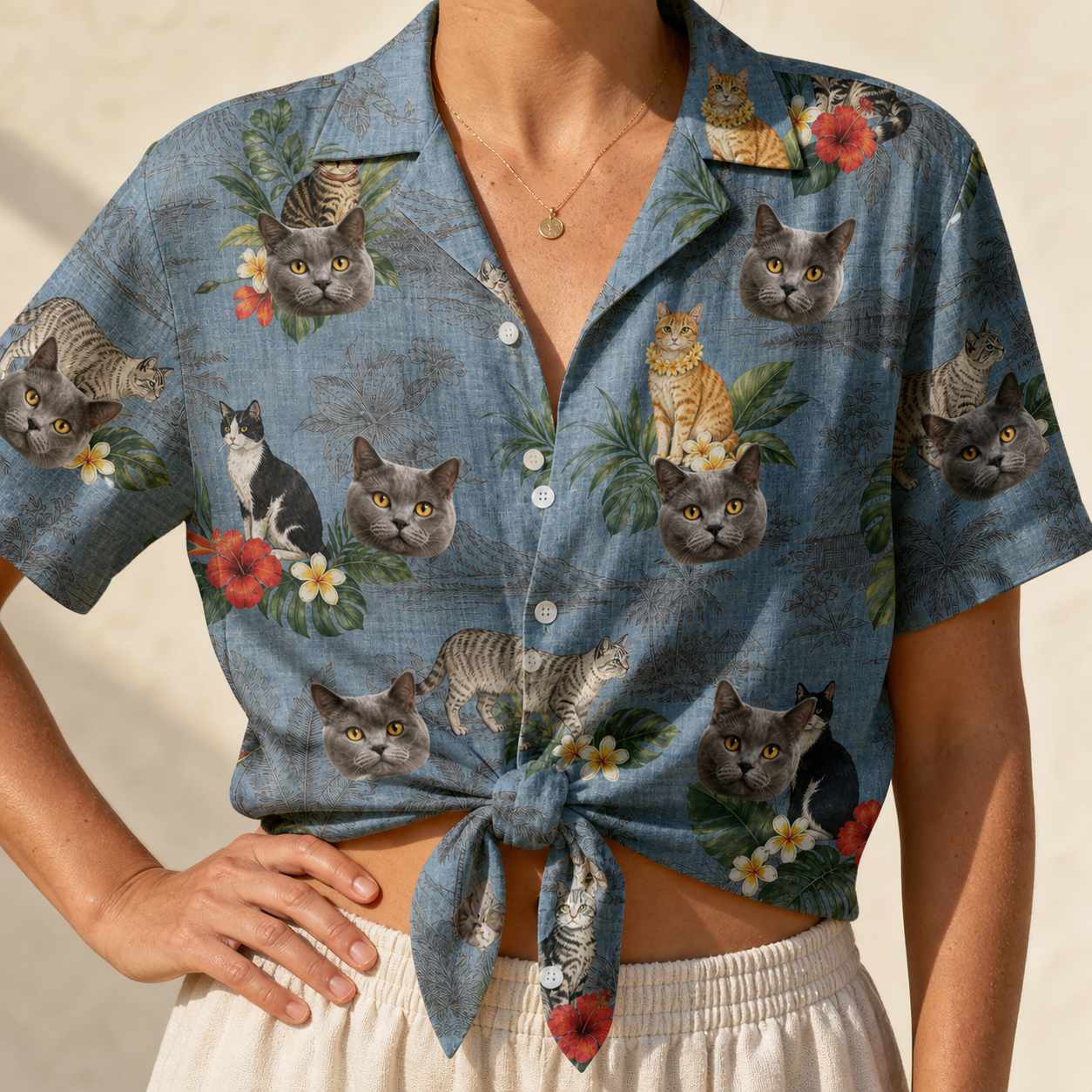 Woman wearing Women's Kitten Kaboodle Custom Cat Face Hawaiian Shirt tied at the waist