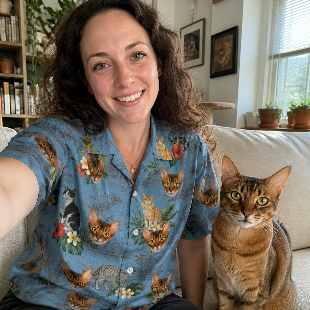 Selfie with the pet whose face is printed all over this Women's Kitten Kaboodle Custom Cat Face Hawaiian Shirt