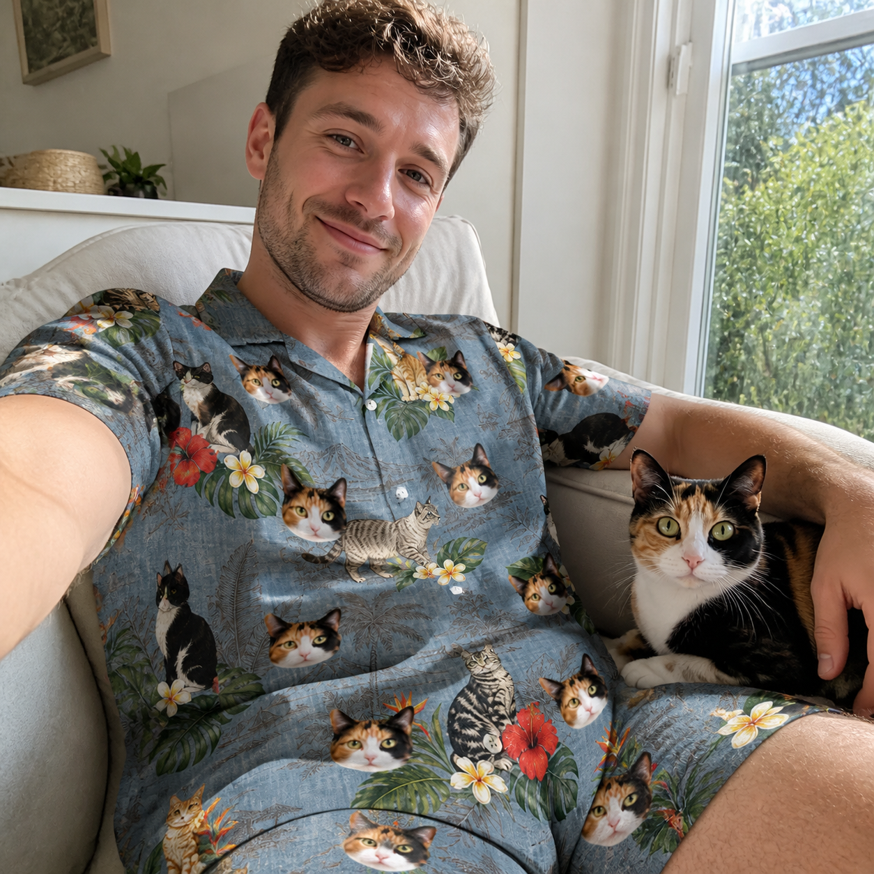 Selfie with the pet whose face is printed all over this Men's Kitten Kaboodle Custom Cat Face Shirt & Shorts Set