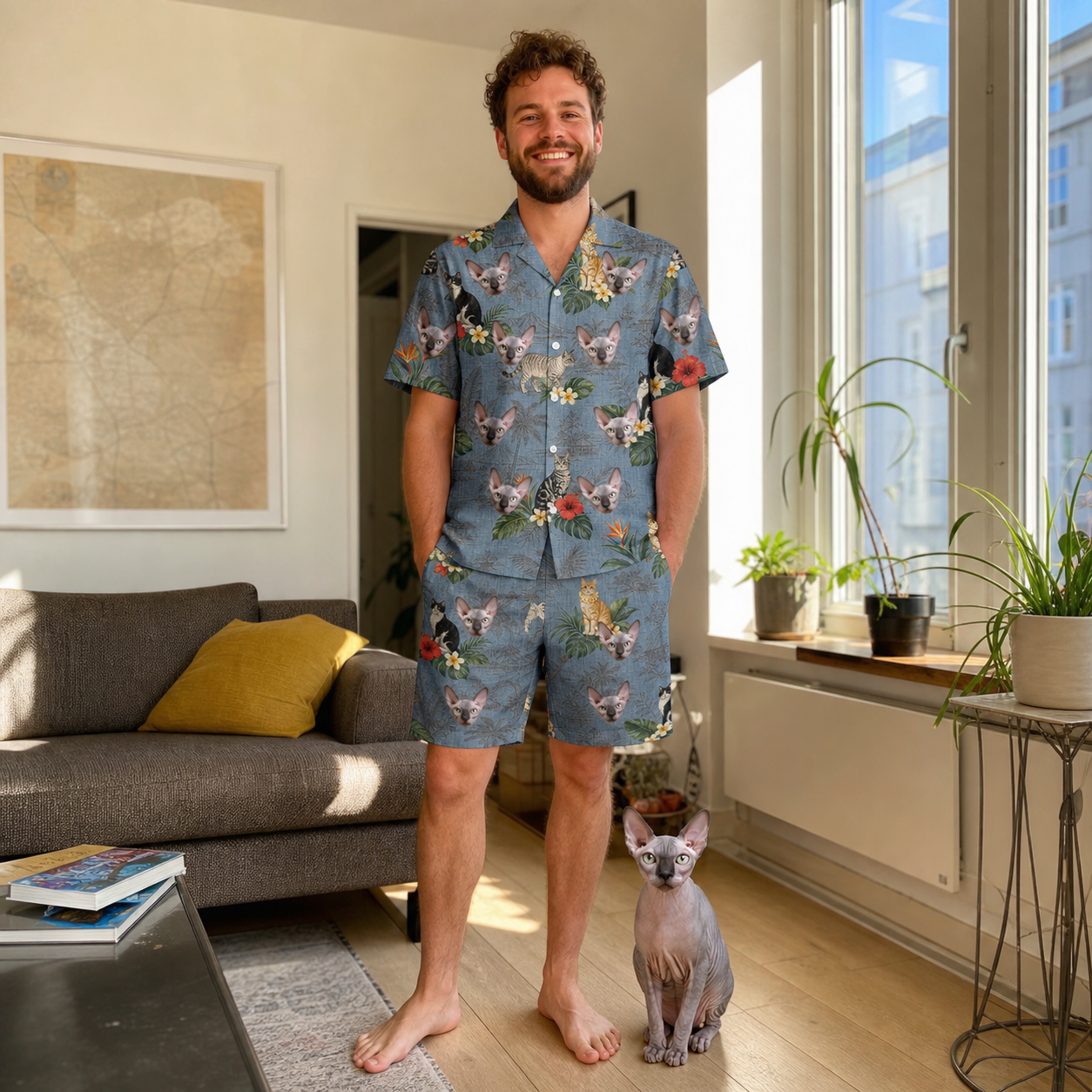 Full-length photo with the pet printed all over this Men's Kitten Kaboodle Custom Cat Face Shirt & Shorts Set