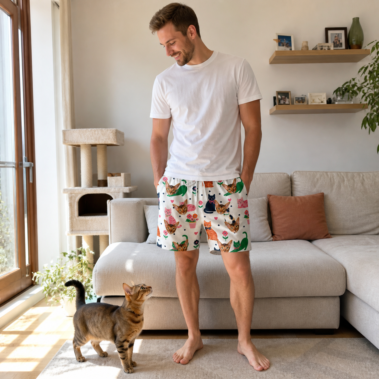 Full-length photo with the pet printed all over this Men's Furball Follies Custom Cat Face Beach Shorts