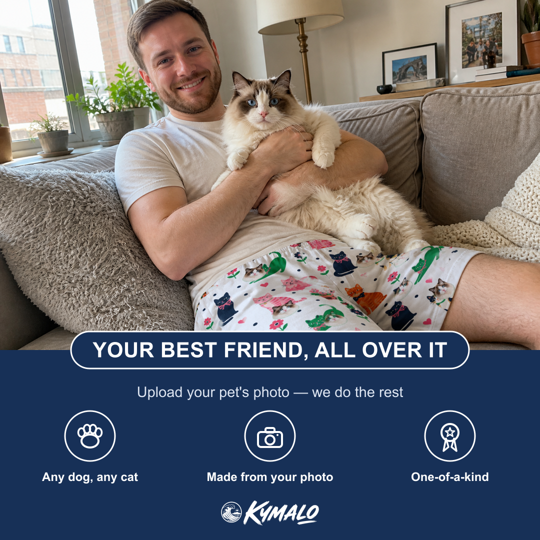 Friends in matching Men's Furball Follies Custom Cat Face Beach Shorts — a group gift photo