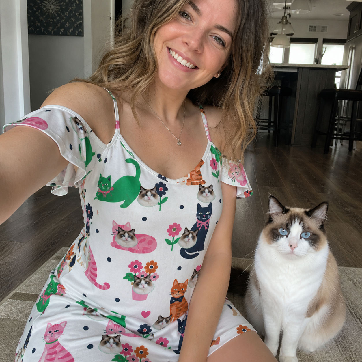 Selfie with the pet whose face is printed all over this Women's Furball Follies Custom Cat Face Off-Shoulder Dress