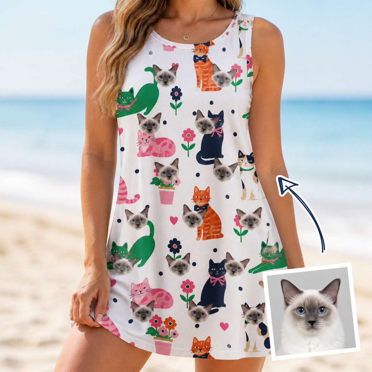 Woman wearing Women's Furball Follies Custom Cat Face Tank Dress — custom faces printed all-over