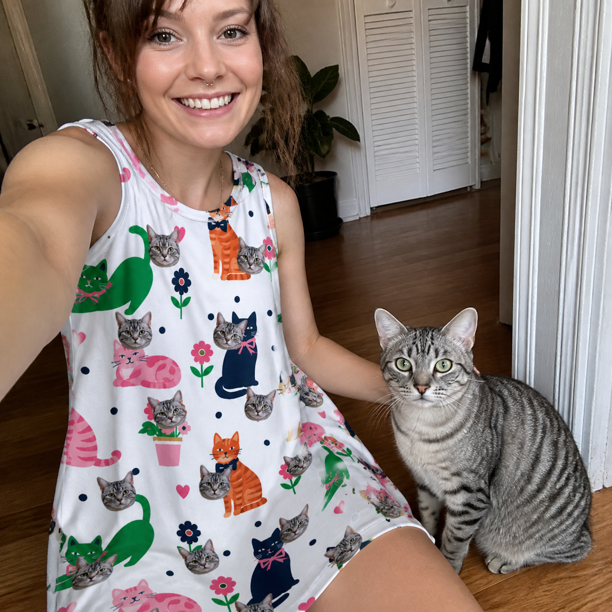 Selfie with the pet whose face is printed all over this Women's Furball Follies Custom Cat Face Tank Dress