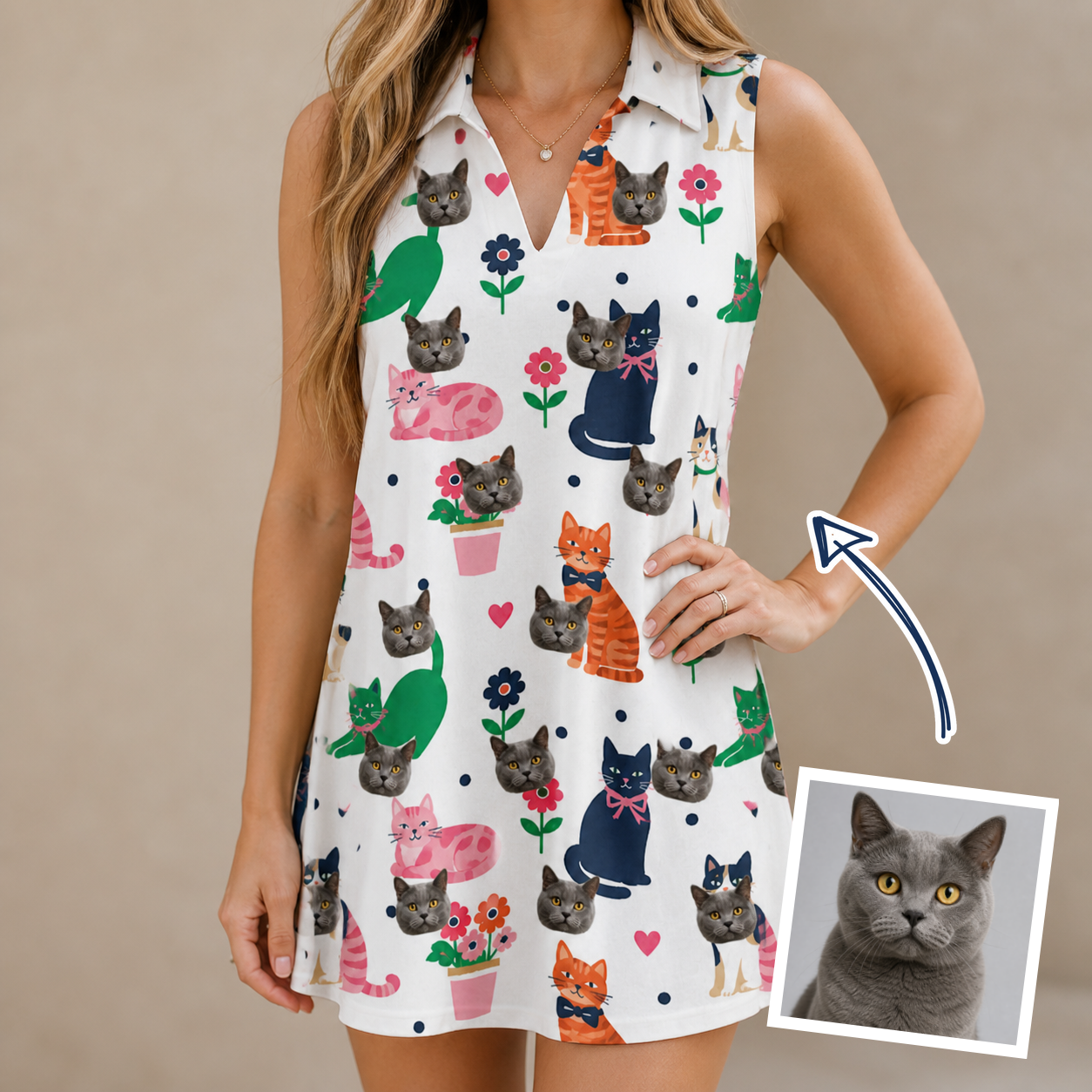 Woman wearing Women's Furball Follies Custom Cat Face V-Neck Dress — custom faces printed all-over