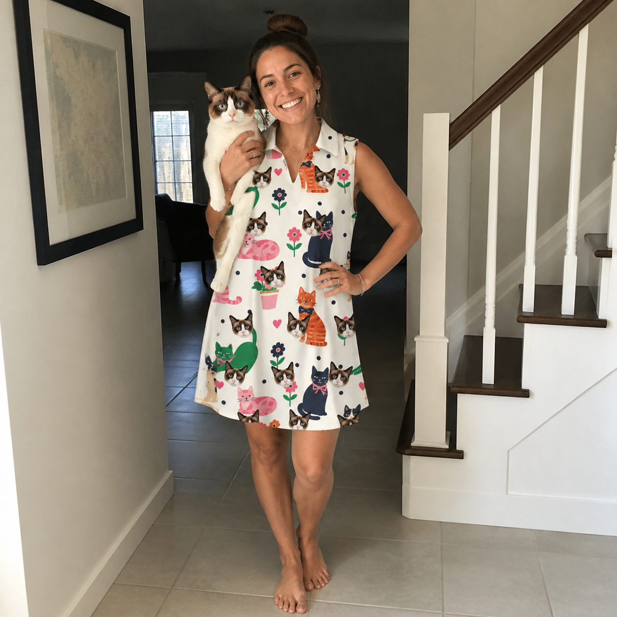 Full-length photo with the pet printed all over this Women's Furball Follies Custom Cat Face V-Neck Dress