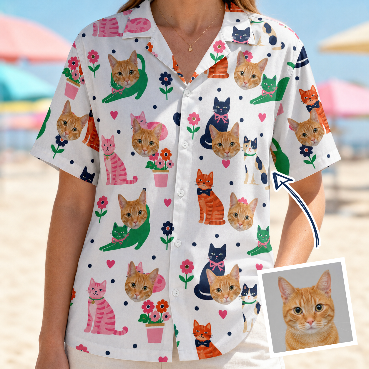 Woman wearing Women's Furball Follies Custom Cat Face Hawaiian Shirt — custom faces printed all-over