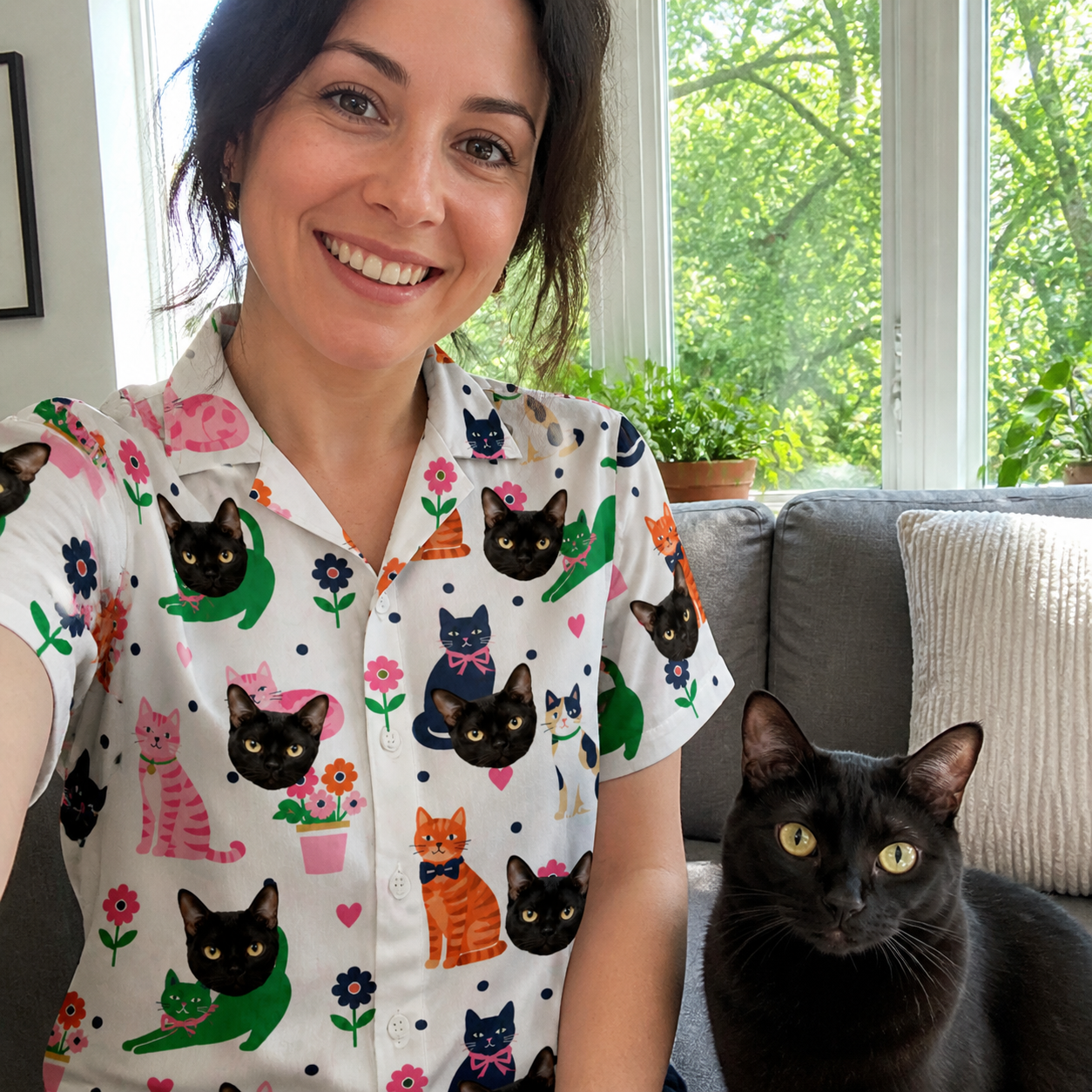 Selfie with the pet whose face is printed all over this Women's Furball Follies Custom Cat Face Hawaiian Shirt