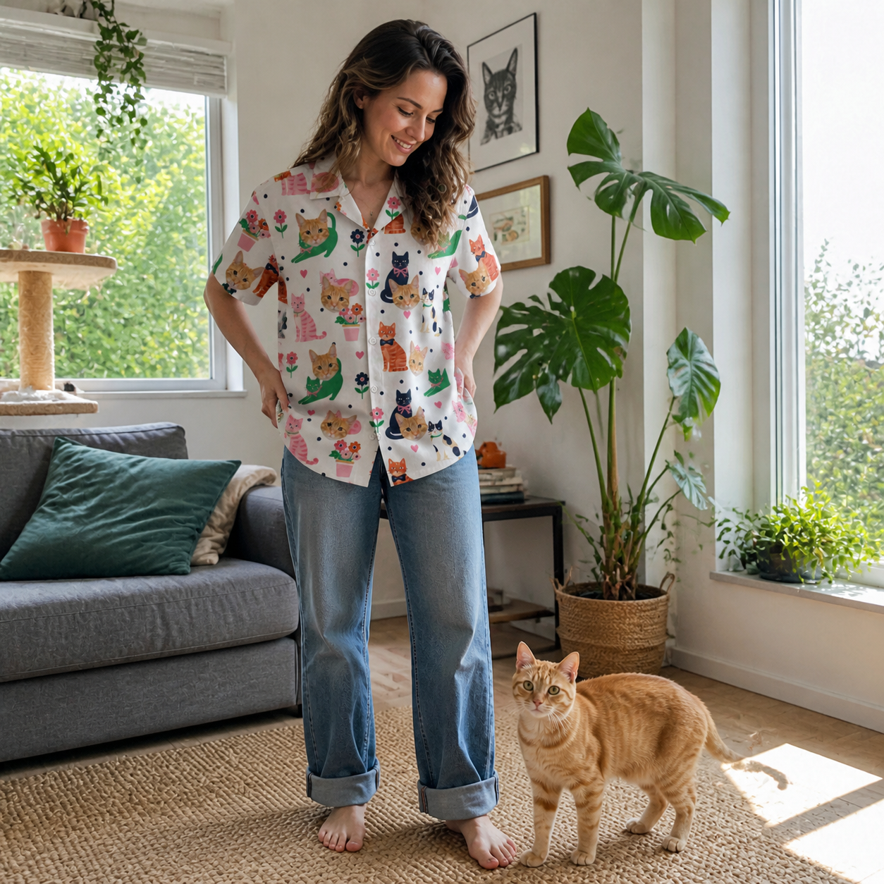 Full-length photo with the pet printed all over this Women's Furball Follies Custom Cat Face Hawaiian Shirt