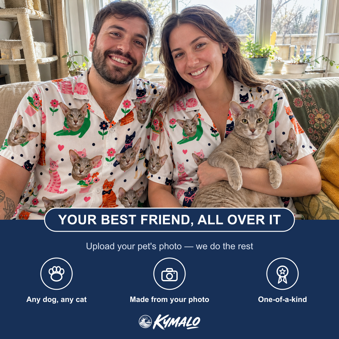 Friends in matching Women's Furball Follies Custom Cat Face Hawaiian Shirt — a group gift photo