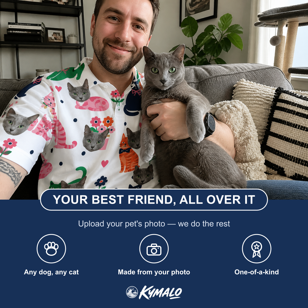 Friends in matching Men's Furball Follies Custom Cat Face Polo Shirt — a group gift photo