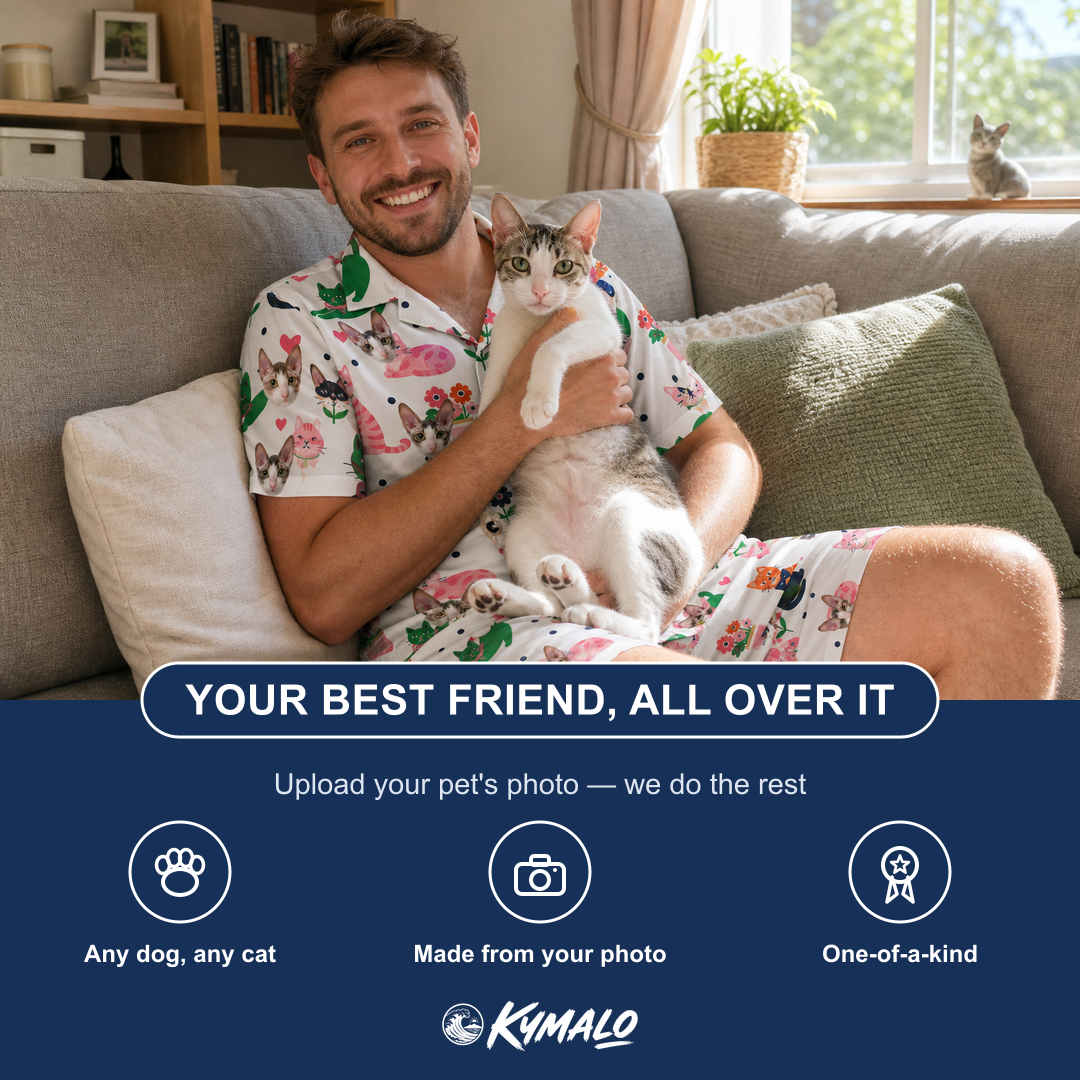 Friends in matching Men's Furball Follies Custom Cat Face Shirt & Shorts Set — a group gift photo