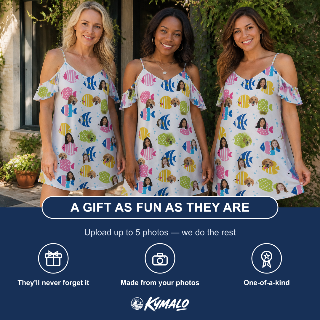 Friends in matching Women's Guppy Gyrations Custom Face Off-Shoulder Dress — a group gift photo