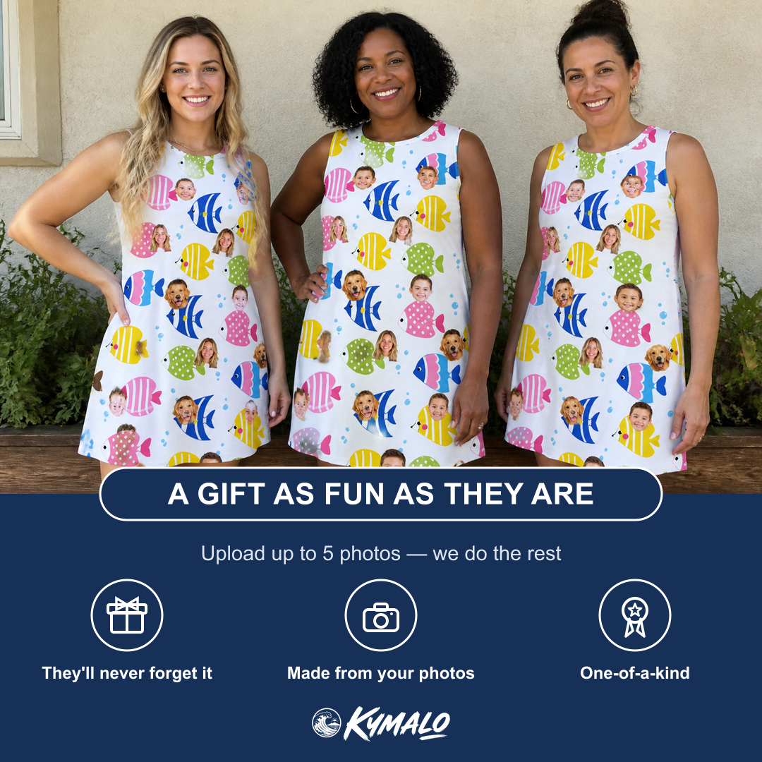 Friends in matching Women's Guppy Gyrations Custom Face Tank Dress — a group gift photo
