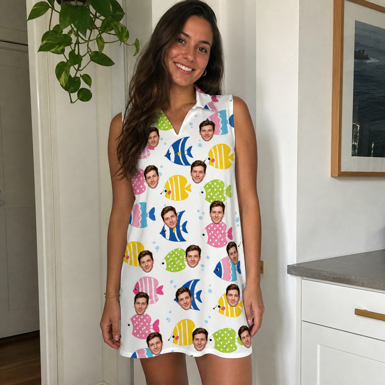 Real-life photo of someone wearing Women's Guppy Gyrations Custom Face V-Neck Dress — custom faces printed all-over