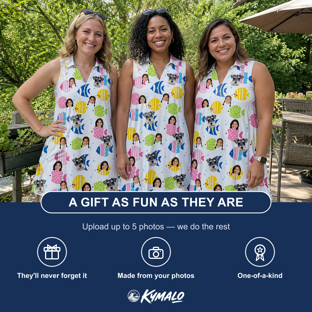 Friends in matching Women's Guppy Gyrations Custom Face V-Neck Dress — a group gift photo