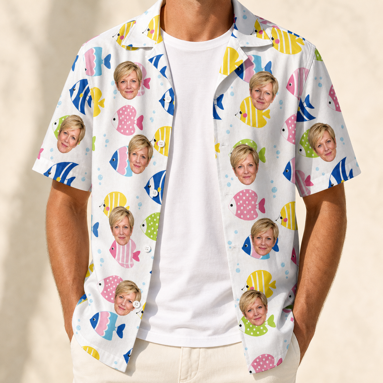 Man wearing Men's Guppy Gyrations Custom Face Hawaiian Shirt open over a white tee