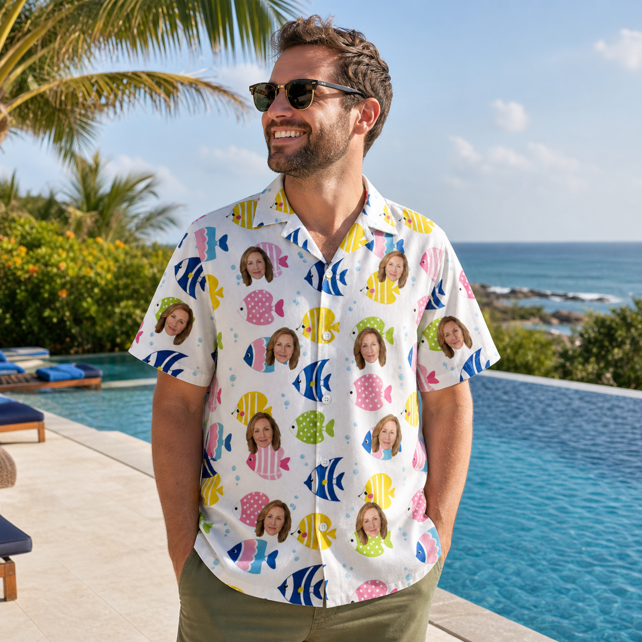 Real-life photo of someone wearing Men's Guppy Gyrations Custom Face Hawaiian Shirt — custom faces printed all-over