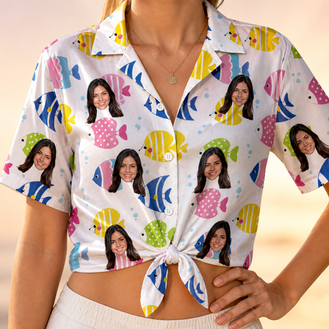Woman wearing Women's Guppy Gyrations Custom Face Hawaiian Shirt tied at the waist