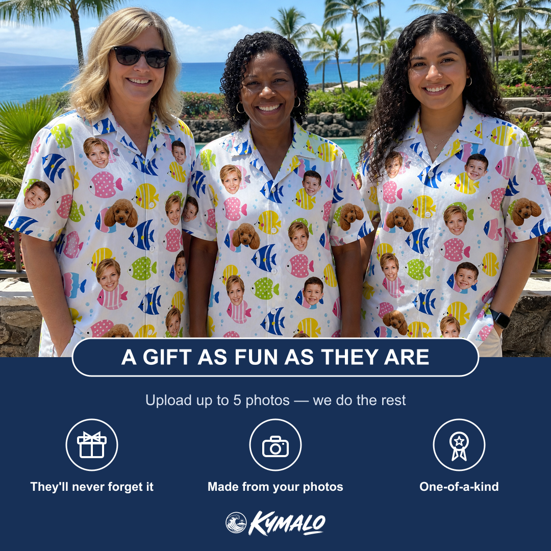 Friends in matching Women's Guppy Gyrations Custom Face Hawaiian Shirt — a group gift photo