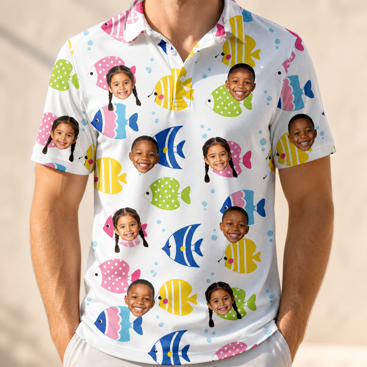 Model wearing Men's Guppy Gyrations Custom Face Polo Shirt printed with kids' faces