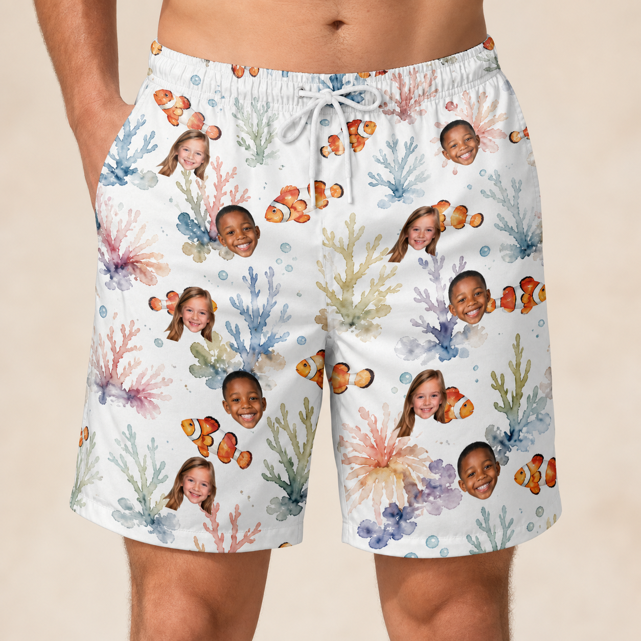 Model wearing Men's Clownfish Comedy Custom Face Beach Shorts printed with kids' faces