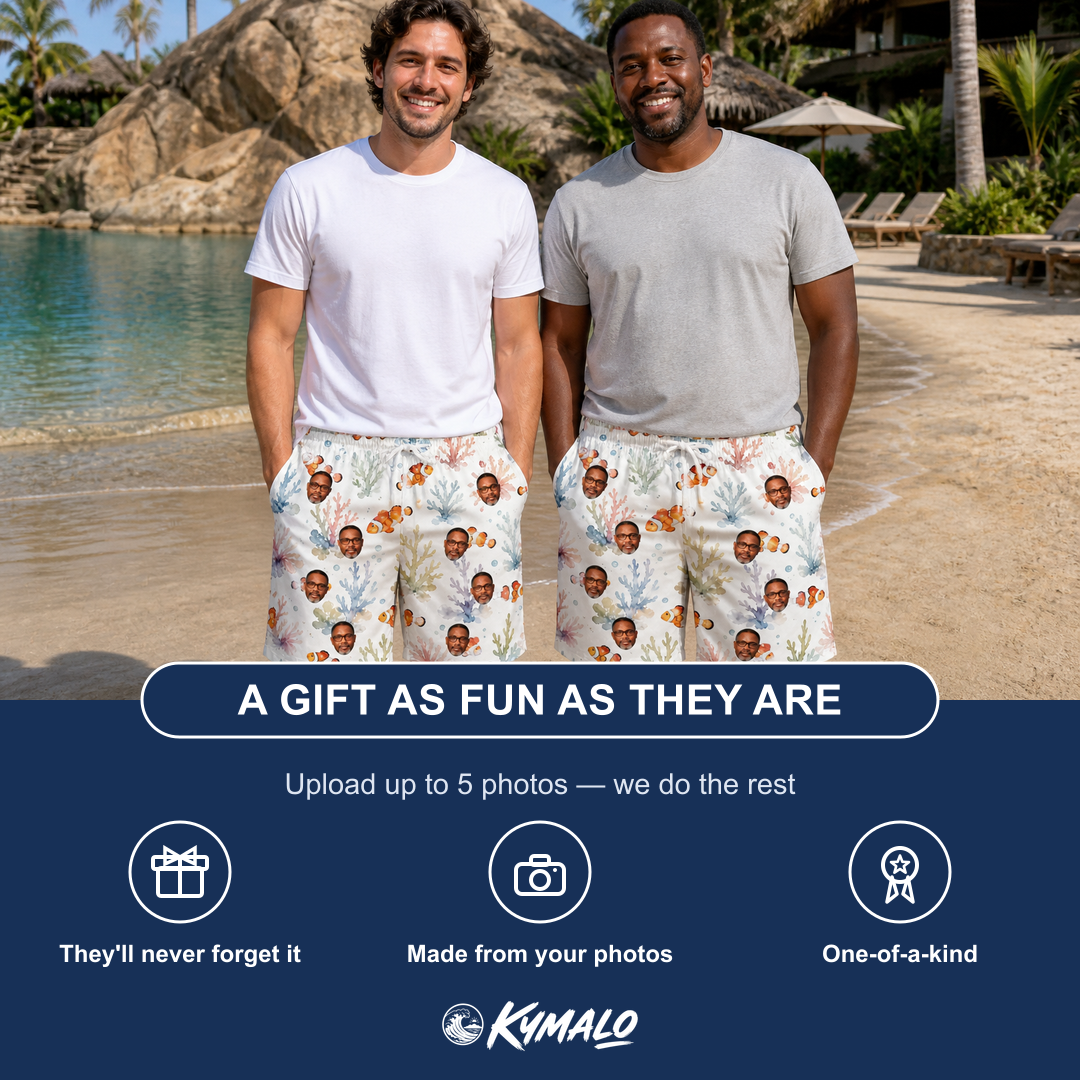 Friends in matching Men's Clownfish Comedy Custom Face Beach Shorts — a group gift photo