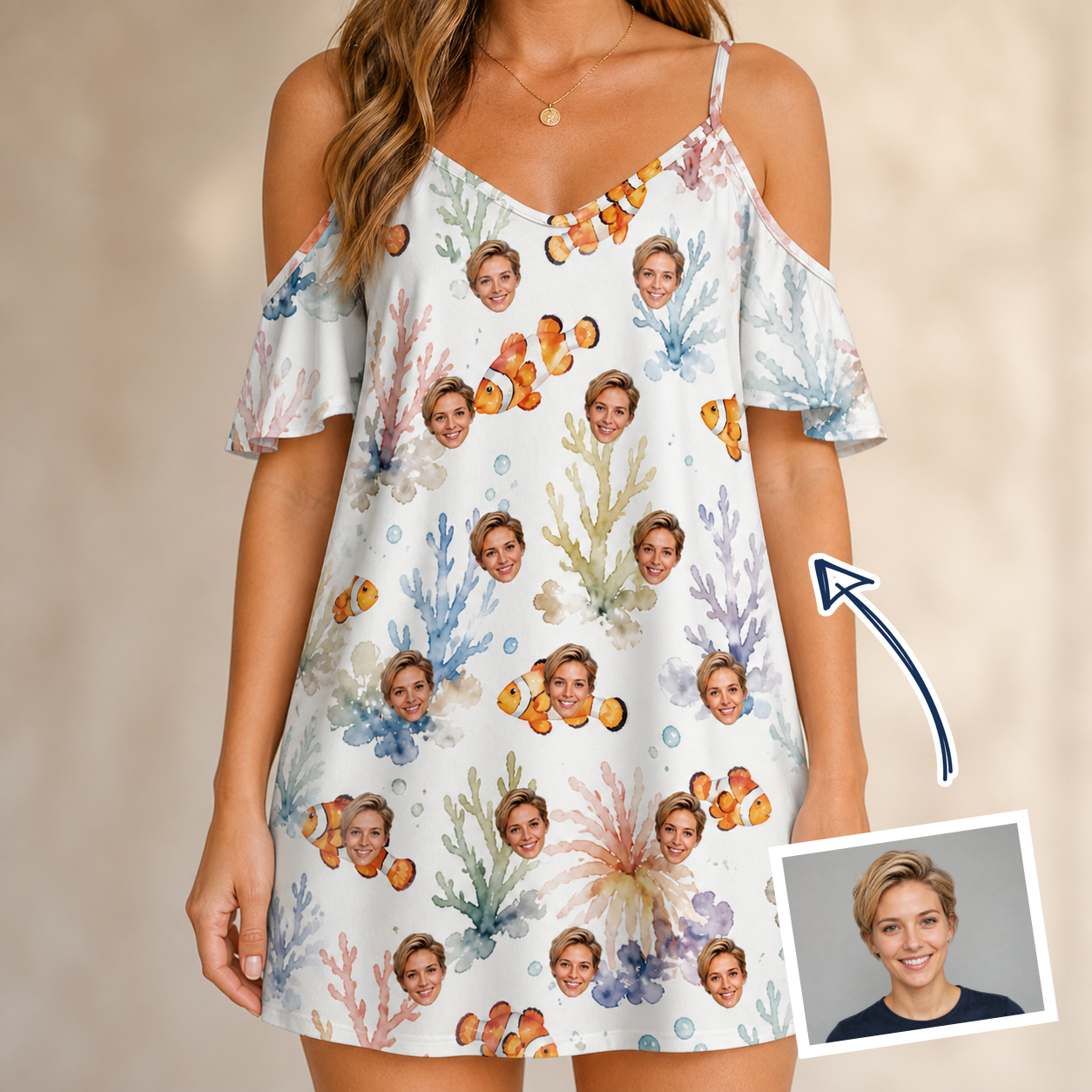 Woman wearing Women's Clownfish Comedy Custom Face Off-Shoulder Dress — custom faces printed all-over