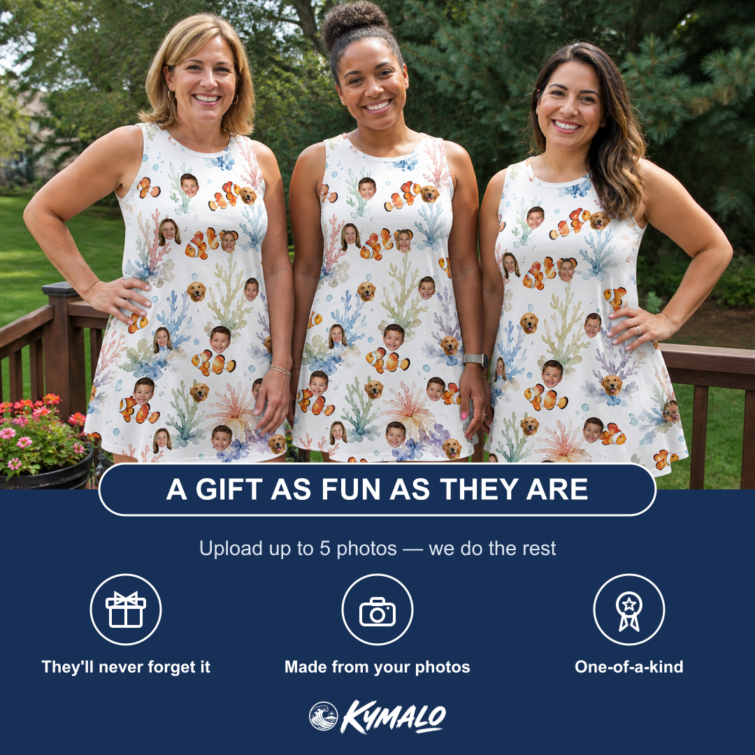 Friends in matching Women's Clownfish Comedy Custom Face Tank Dress — a group gift photo