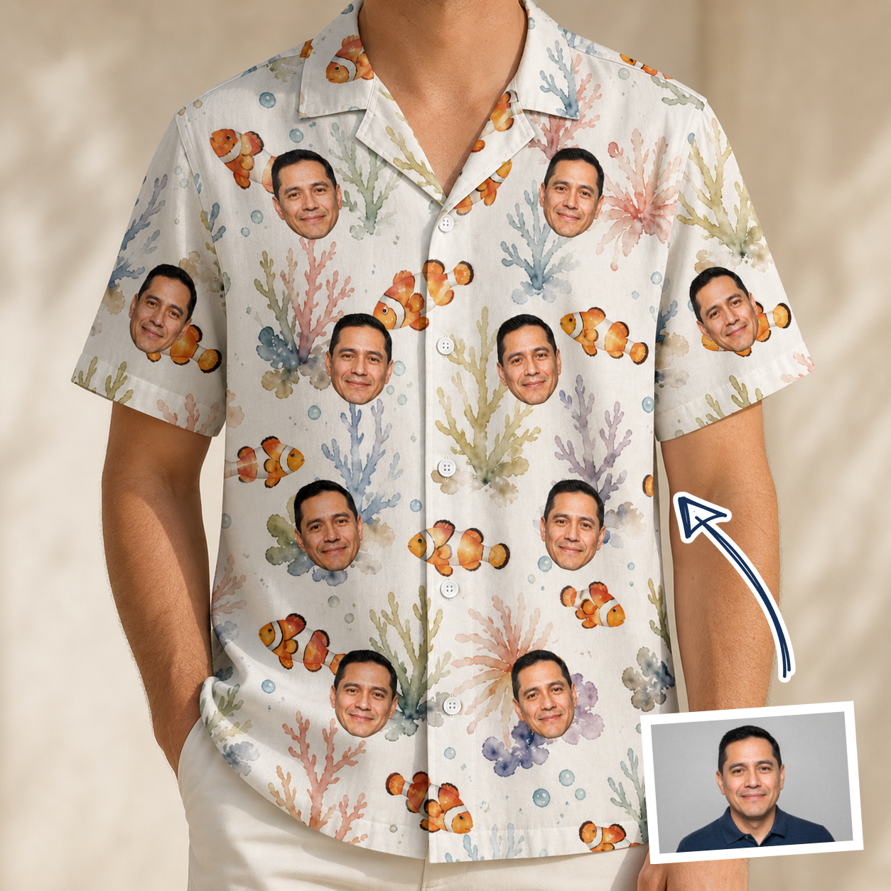 Man wearing Men's Clownfish Comedy Custom Face Hawaiian Shirt — custom faces printed all-over