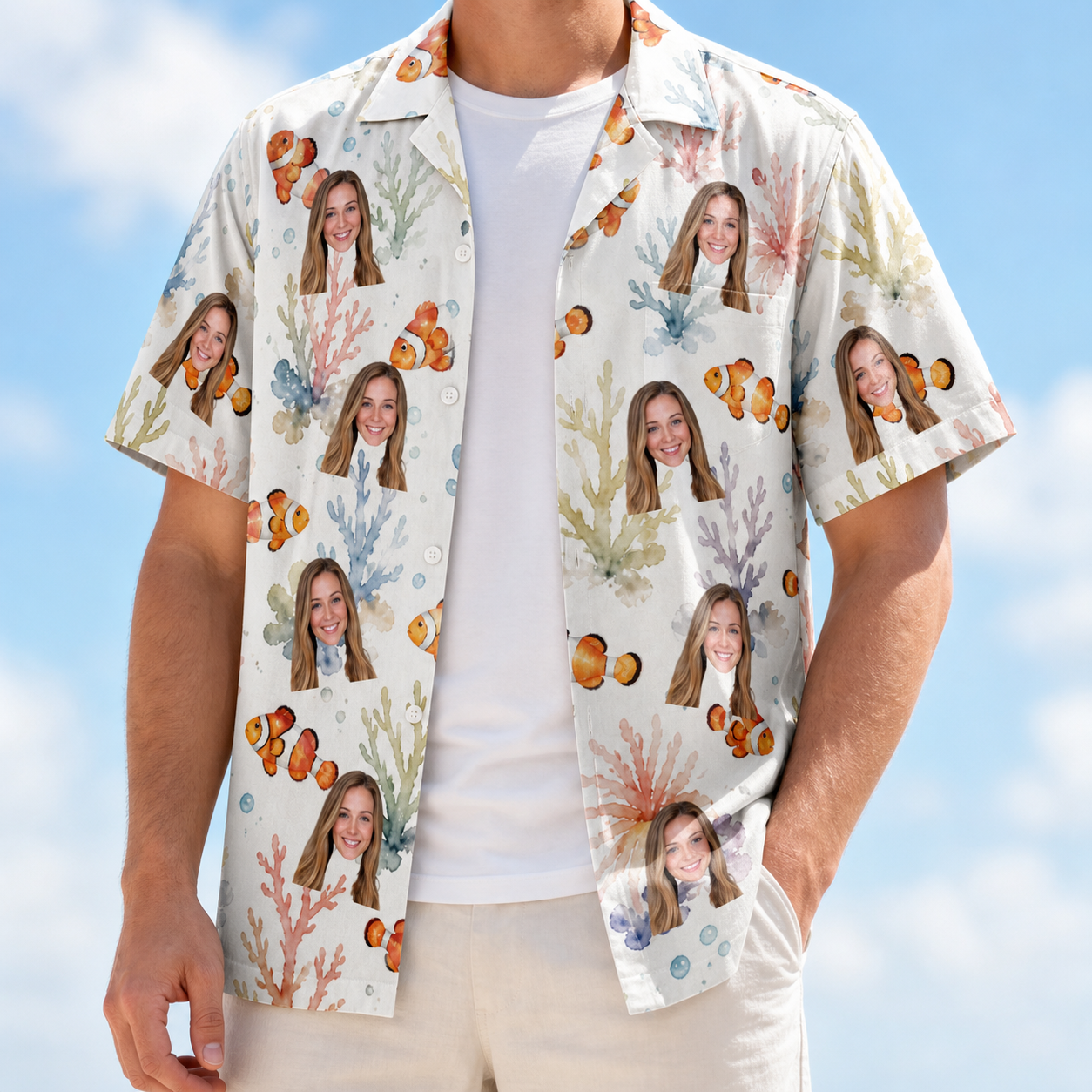 Man wearing Men's Clownfish Comedy Custom Face Hawaiian Shirt open over a white tee