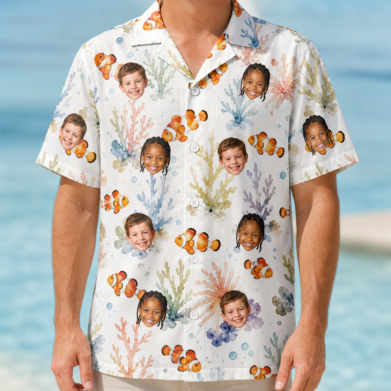 Model wearing Men's Clownfish Comedy Custom Face Hawaiian Shirt printed with kids' faces