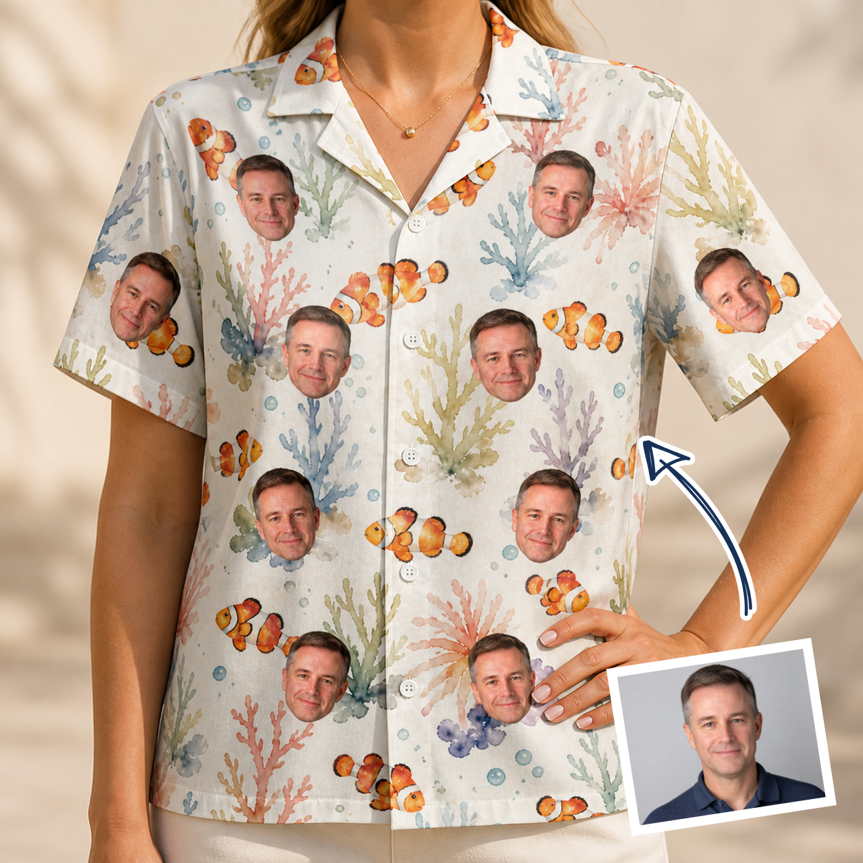 Woman wearing Women's Clownfish Comedy Custom Face Hawaiian Shirt — custom faces printed all-over