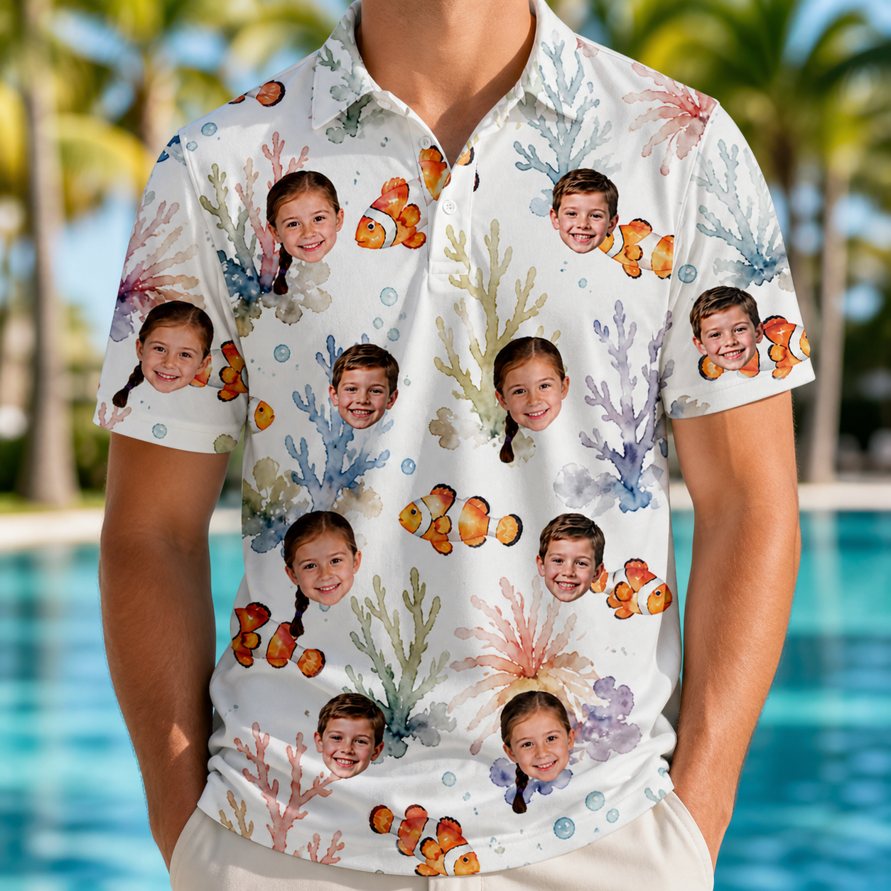 Model wearing Men's Clownfish Comedy Custom Face Polo Shirt printed with kids' faces