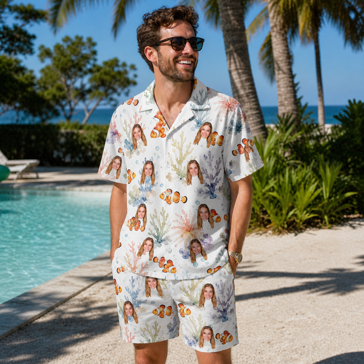 Real-life photo of someone wearing Men's Clownfish Comedy Custom Face Shirt & Shorts Set — custom faces printed all-over