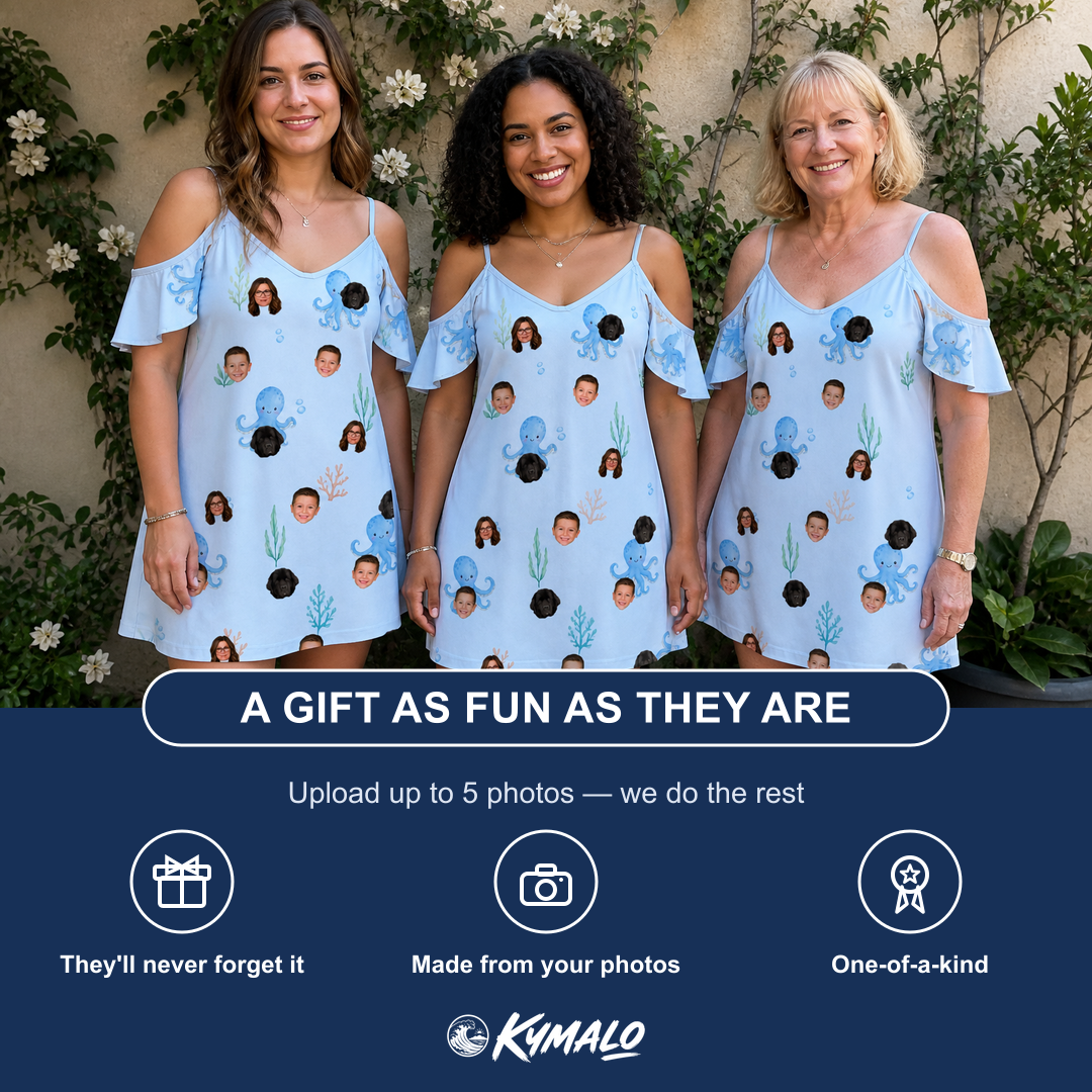 Friends in matching Women's Tentacle Tickle Custom Face Off-Shoulder Dress — a group gift photo