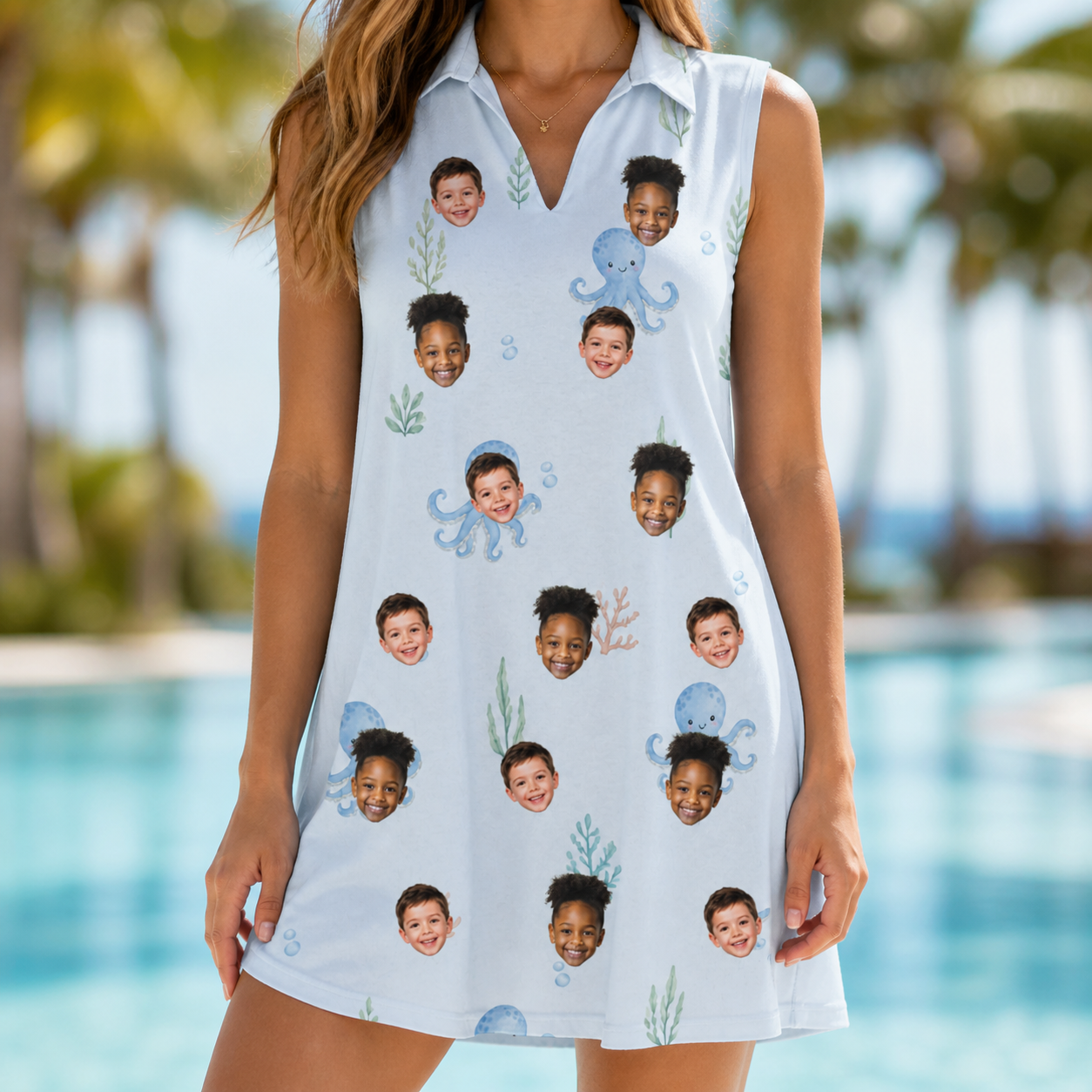 Model wearing Women's Tentacle Tickle Custom Face V-Neck Dress printed with kids' faces