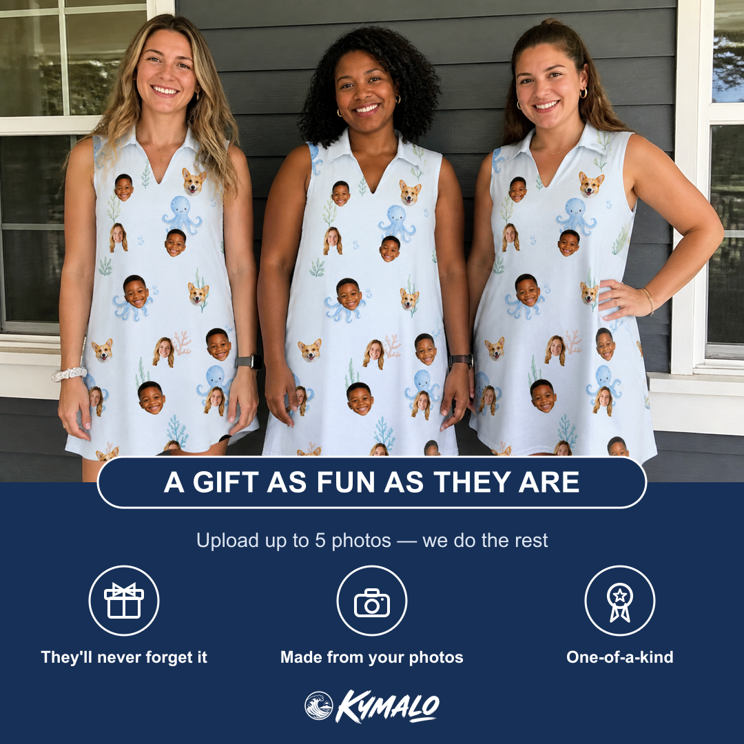 Friends in matching Women's Tentacle Tickle Custom Face V-Neck Dress — a group gift photo