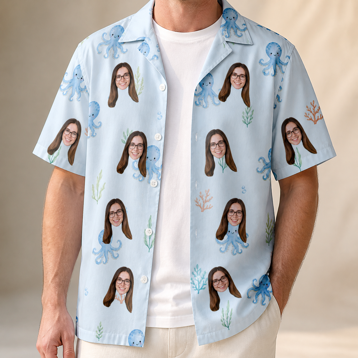 Man wearing Men's Tentacle Tickle Custom Face Hawaiian Shirt open over a white tee