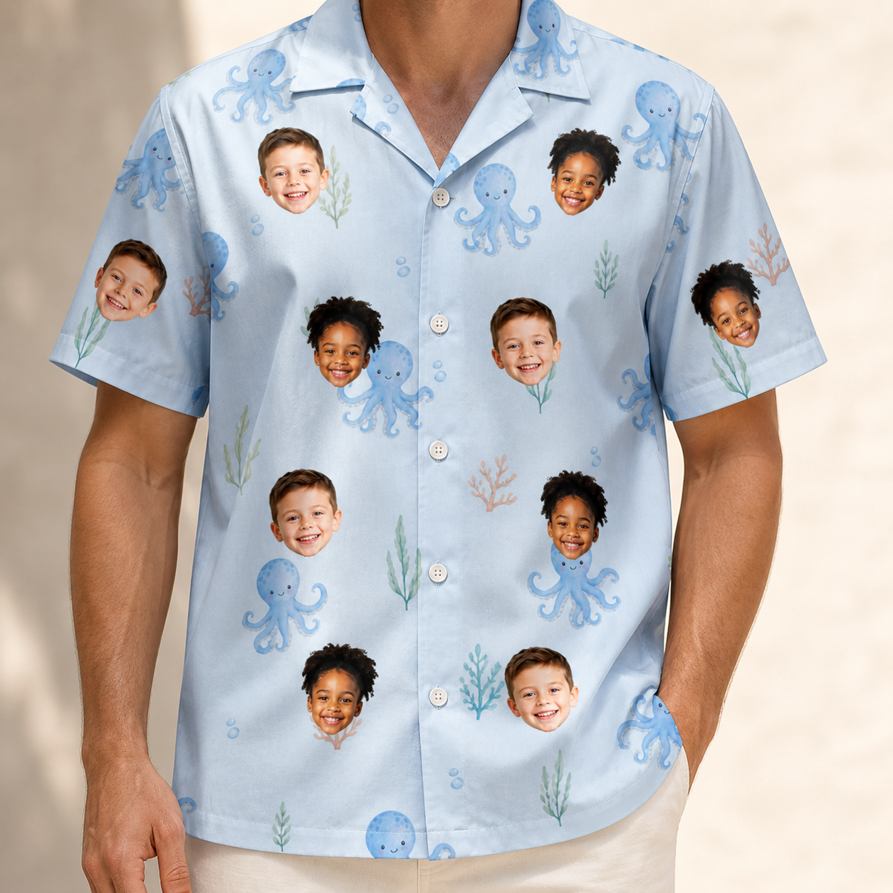Model wearing Men's Tentacle Tickle Custom Face Hawaiian Shirt printed with kids' faces