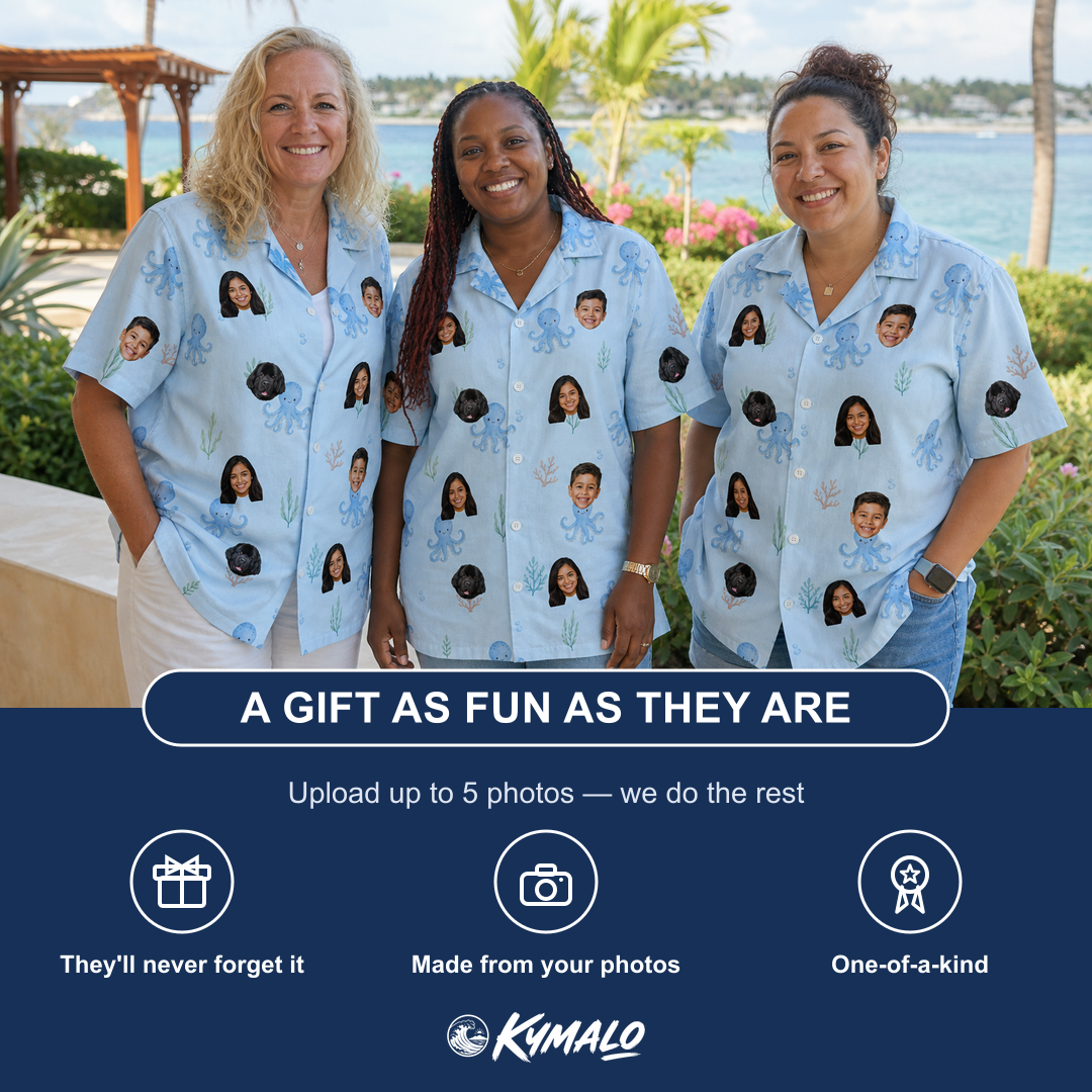 Friends in matching Women's Tentacle Tickle Custom Face Hawaiian Shirt — a group gift photo