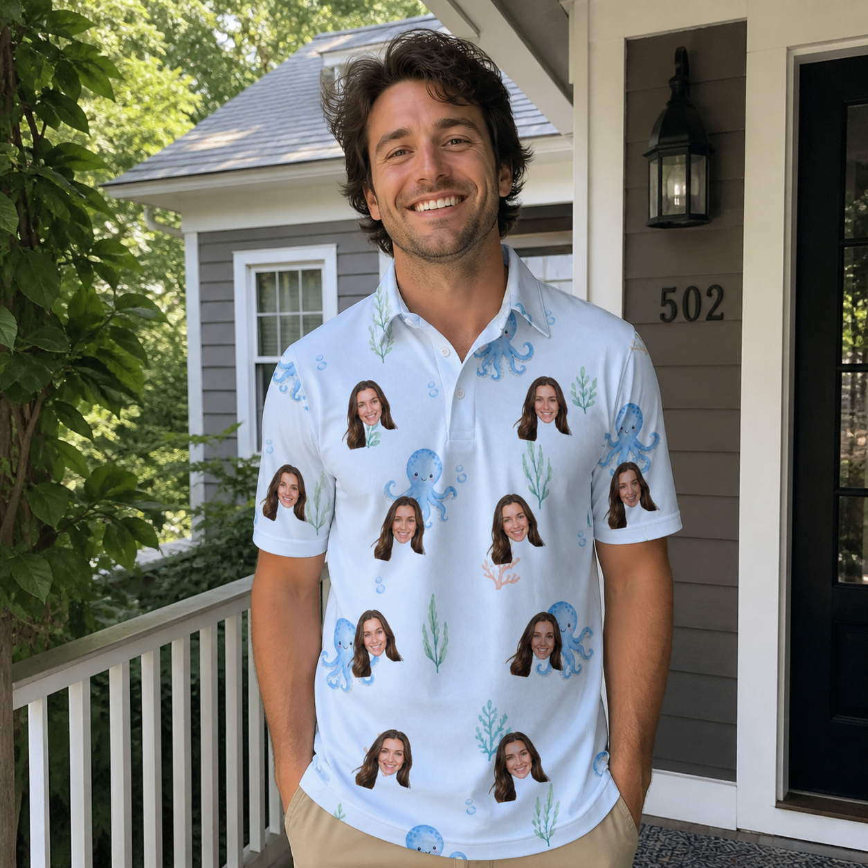 Real-life photo of someone wearing Men's Tentacle Tickle Custom Face Polo Shirt — custom faces printed all-over