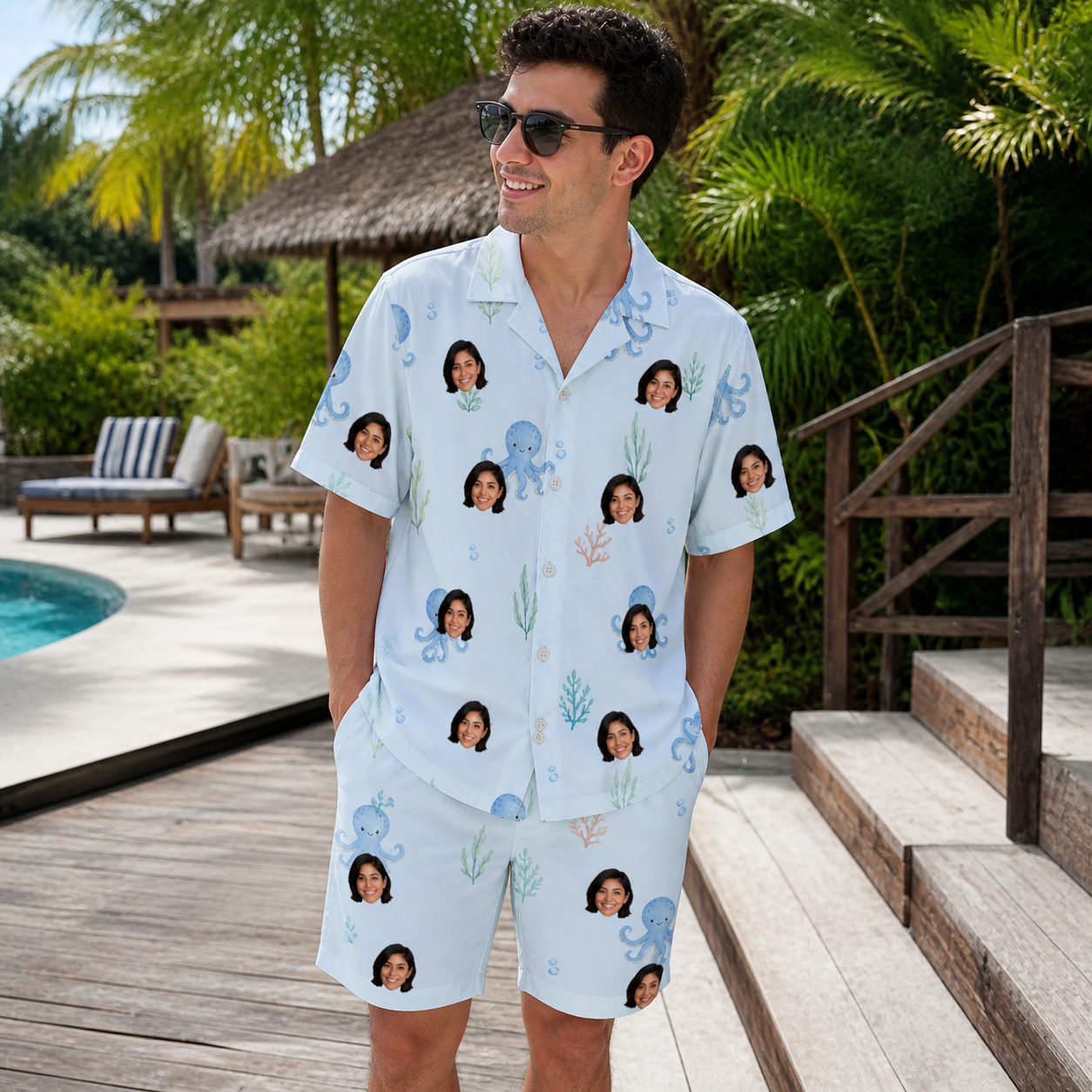 Real-life photo of someone wearing Men's Tentacle Tickle Custom Face Shirt & Shorts Set — custom faces printed all-over