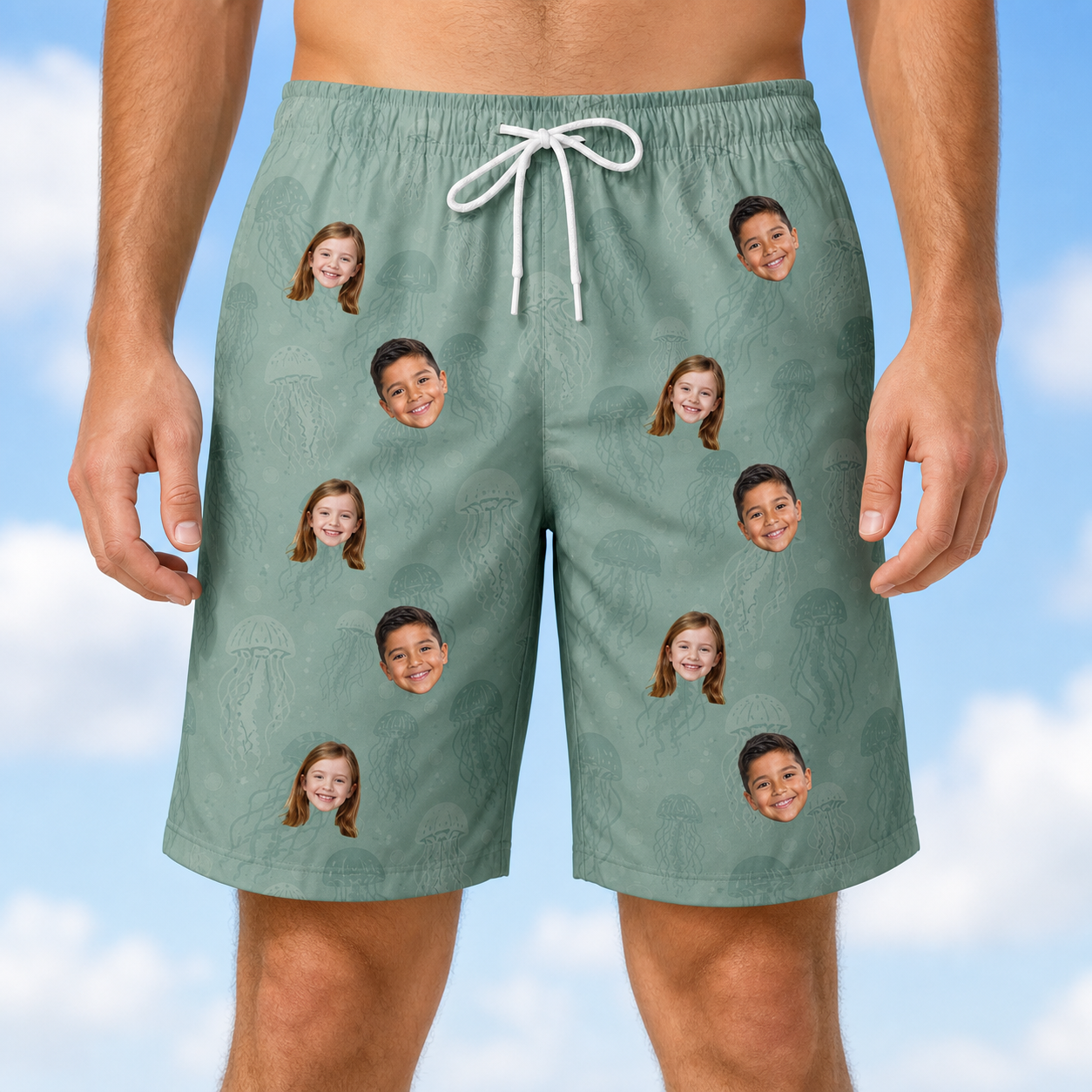 Model wearing Men's Jelly Jaunt Custom Face Beach Shorts printed with kids' faces