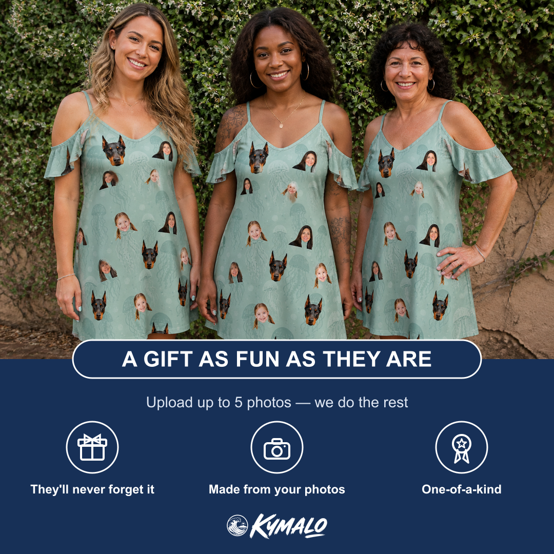 Friends in matching Women's Jelly Jaunt Custom Face Off-Shoulder Dress — a group gift photo